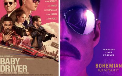 Posters for Baby Driver and Bohemian to highlight select options for a Dolby Atmos surround sound demo.