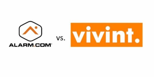 Image depicting Alarm com Vivint lawsuit with logos next to one another.