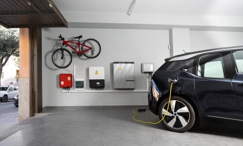 Electric vehicle charging station inside of a smart home in the city.