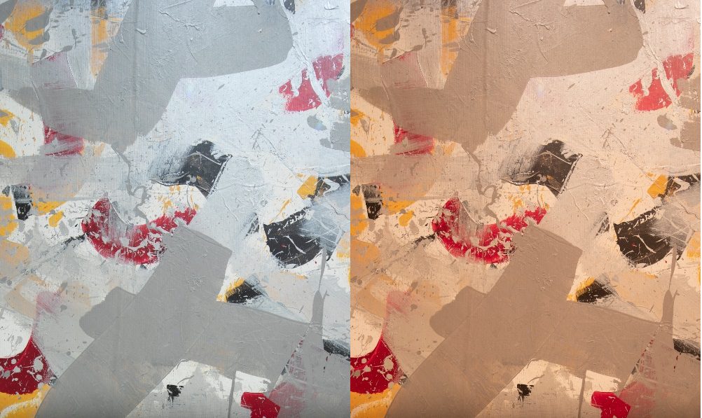 Differences in art coloration at different light color temperatures.