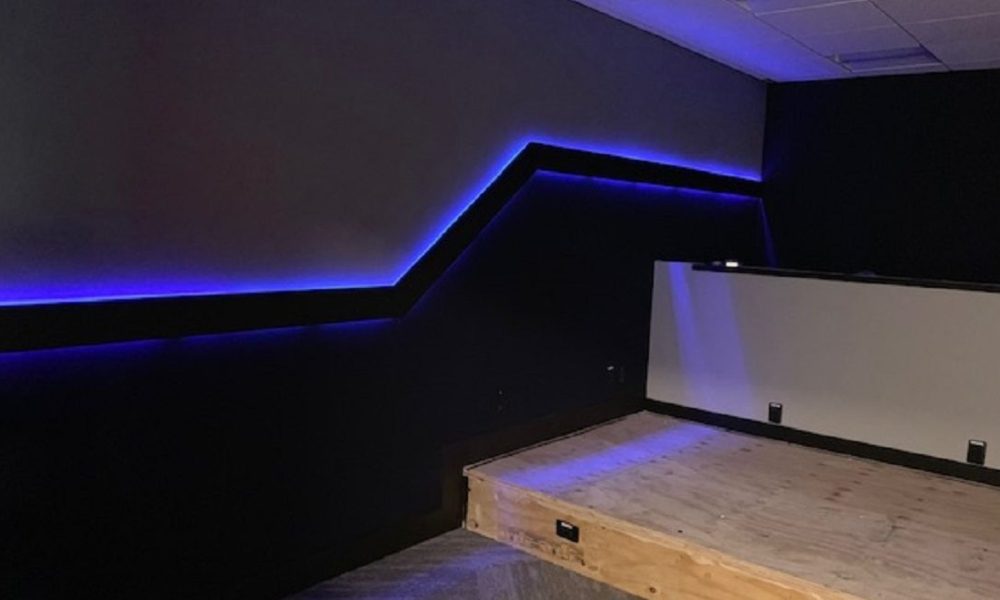 Work in progress commercial office space home theater. Blue LED lighting. Lifestyle Solutions.