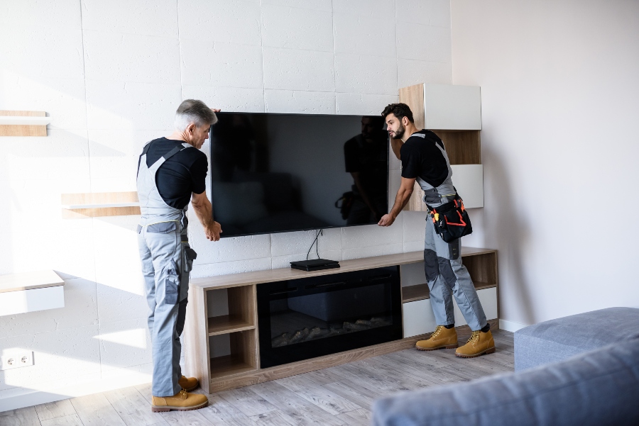 Two men installing a TV on a wall above built-in furniture in a uniquely shaped room, emphasizing how room layout and furnishings affect ideal TV height placement.