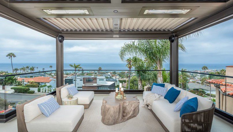 Exterior patio, Coastal Point home, California, overlooking the ocean.