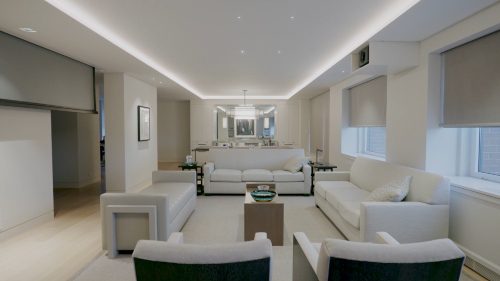 Interior, media room, Manhattan apartment daytime with cove lighting, Sound & Vision Advanced Technologies