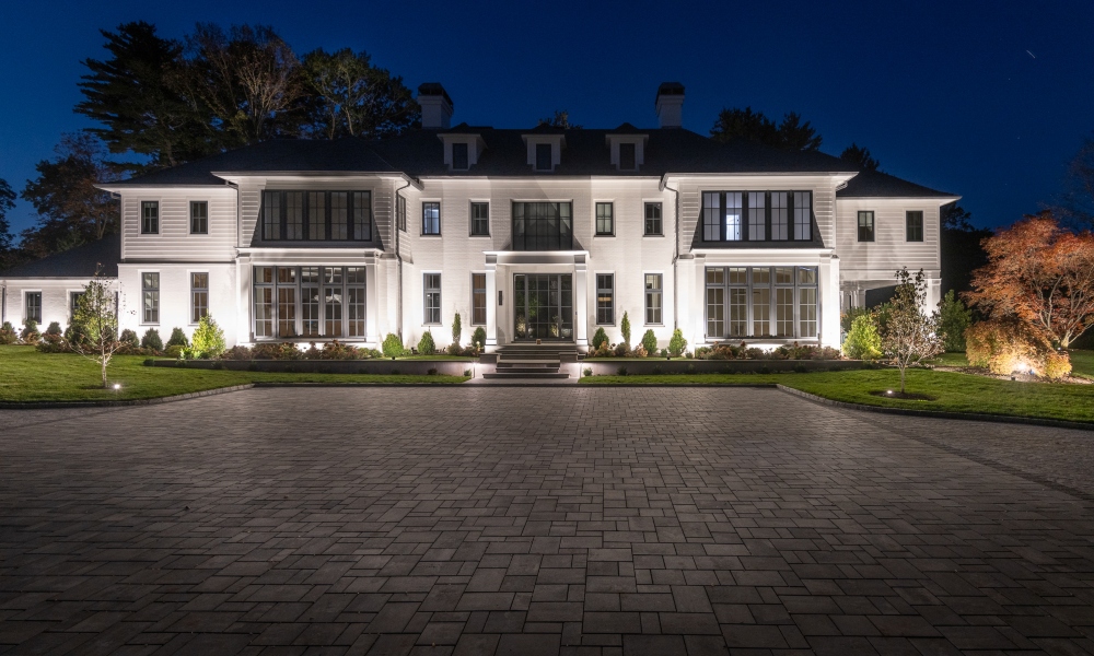 Front home facade WAC uplighting highlighting landscape lighting lawn lights 