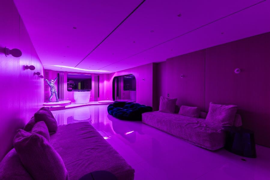 Purple color-tunable color changing Crestron lighting bar mood lighting Premier Group Design Electronics Iceberg House