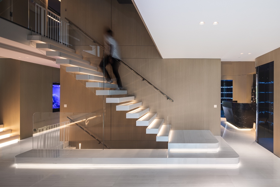 Floating staircase main foyer Iceberg House Premier Group Toronto, Ontario Canada