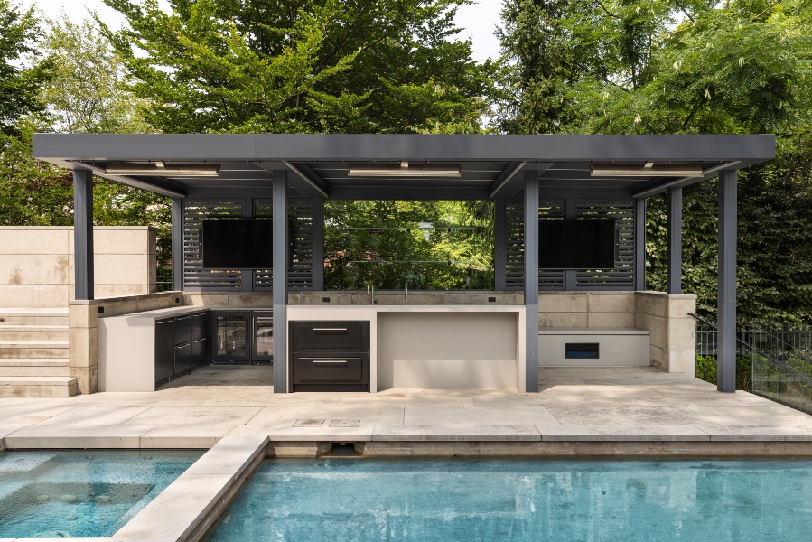 Outdoor pool patio Seura weatherproofed outdoor TVs 