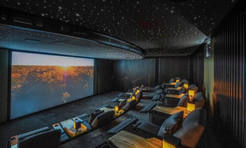 An Unconventional Seating Arrangement Creates Deeply Immersive Home Theater in New Delhi