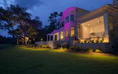 Colorful Landscape Lighting Illuminates Two-Story Treehouse, Zip Line at Hilton Head Home