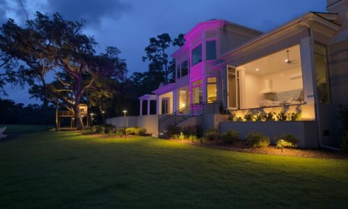 Colorful Landscape Lighting Illuminates Two-Story Treehouse, Zip Line at Hilton Head Home