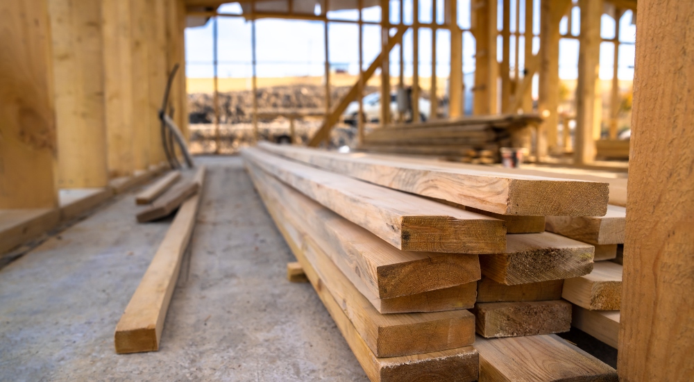 Construction materials for a homebuilder meant to symbolize single-family housing starts for the month of April 2025