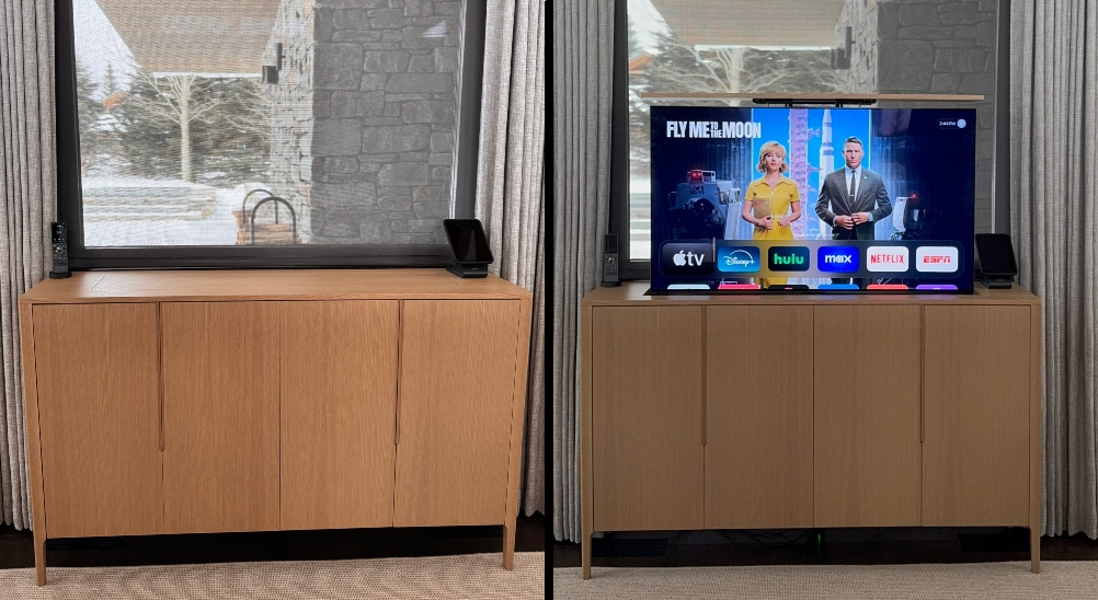 Before and after shot of Nexus 21 motorized TV lift in use.