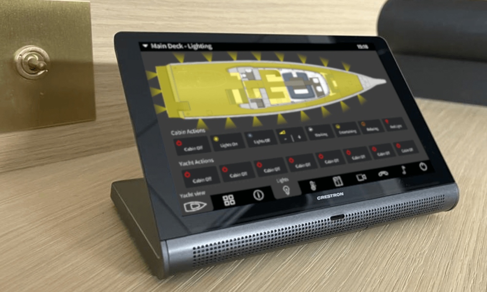 Crestron control panel interface on tabletop