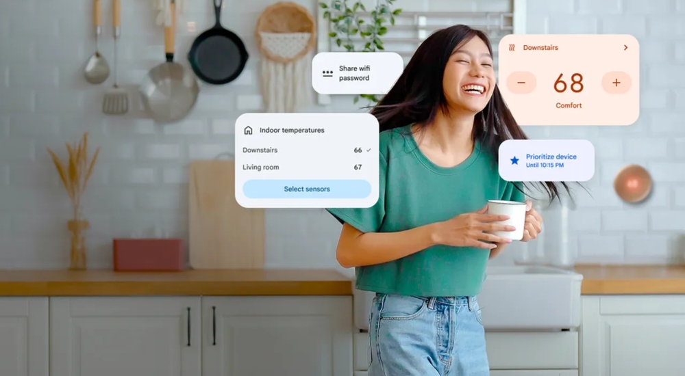 Woman in kitchen using new Google Home app features and updates