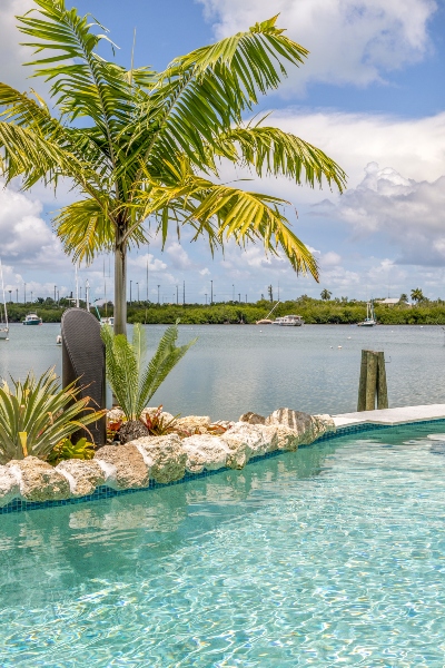Poolside shot of Coastal Source speakers near the coast of Marathon Florida