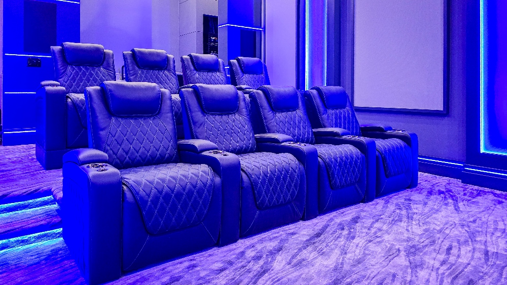 Creative underwater themed custom home theater install in Miami Florida area by Maxicon