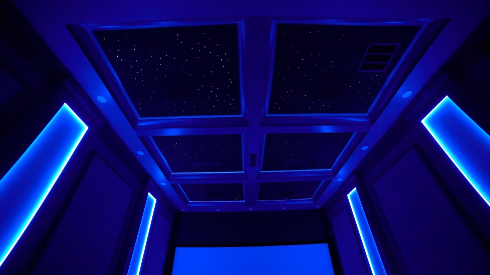 Creative underwater themed custom home theater install in Miami Florida area by Maxicon