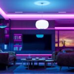 Vibrant colorful lighting in modern sophisticated home theater as part of a smart home.