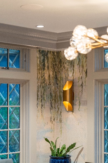 Close-up shot of recessed downlighting with chandelier and lively green plants in Tiverton Rhode Island home.