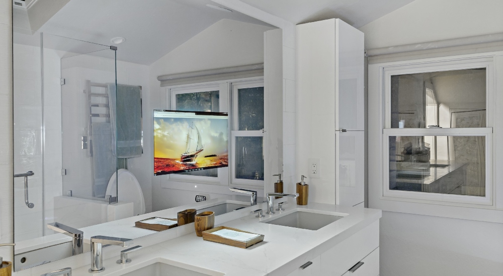 Illuminated TV mirror in modern smart home Silicon Valley California