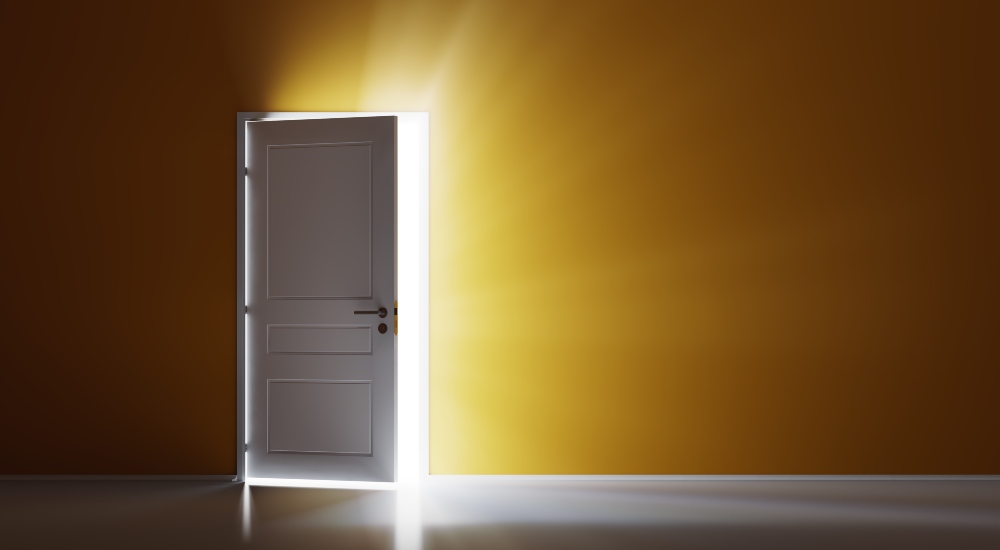 Door opening with orange background meant to symbolize Simplisafe entering into the custom integration channel at CEDIA Expo 2025