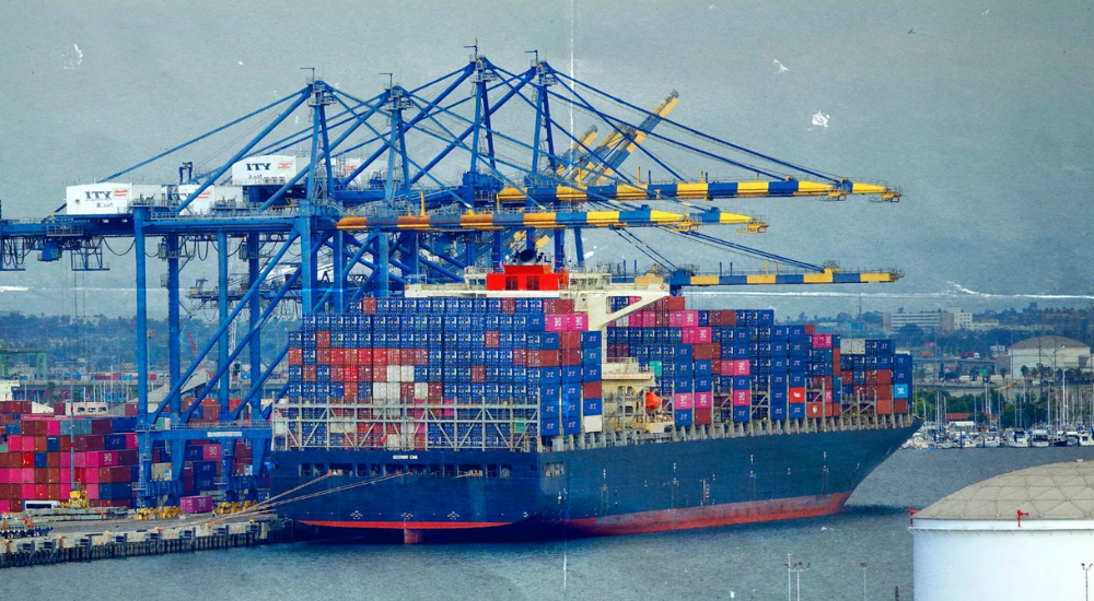 Freight container ship meant to symbolize the AV supply chain and how it has been impacted by U.S. tariffs and trade policy