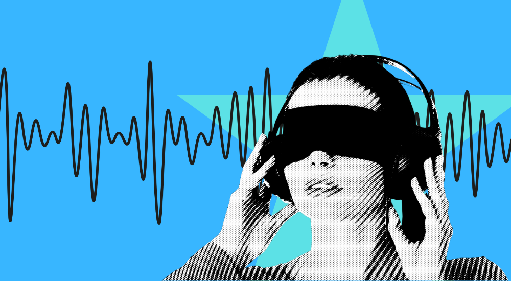 Woman wearing blindfold and headphones to demonstrate the value of a blind listening test in audio.