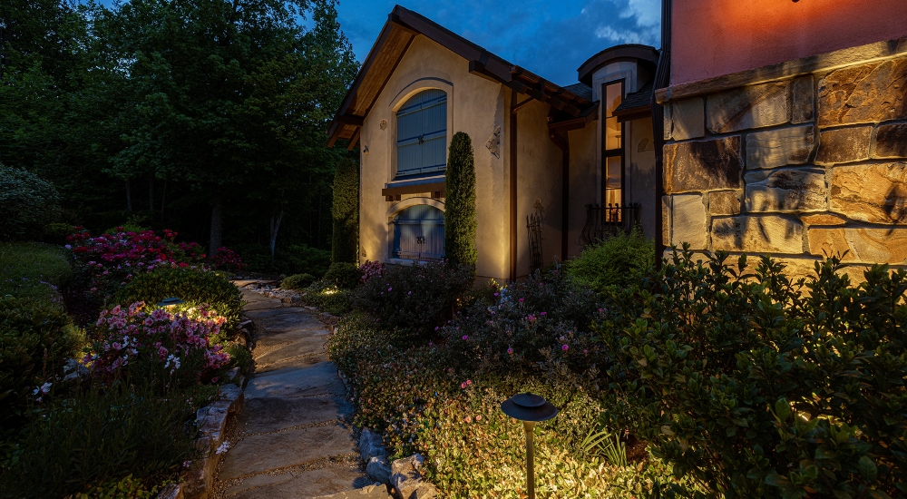 Blue Ridge mountain retreat illuminated at night in North Carolina