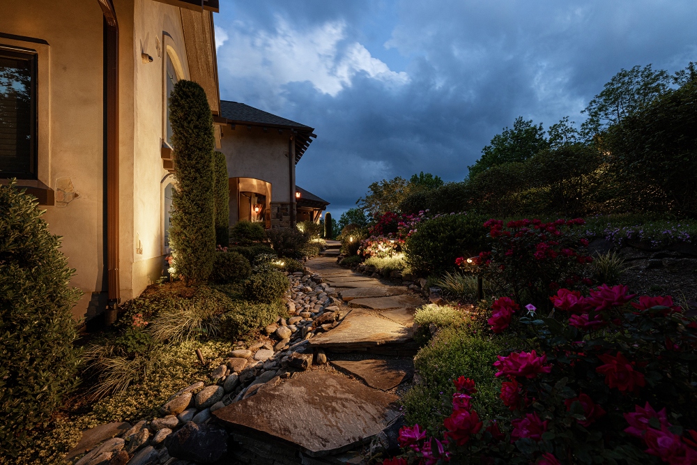 Luxury mountain getaway exterior with landscape lighting in the Blue Ridge foothills