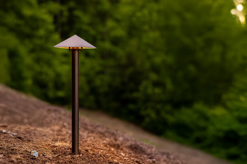 Garden pathway in North Carolina mountain retreat with ambient landscape lighting