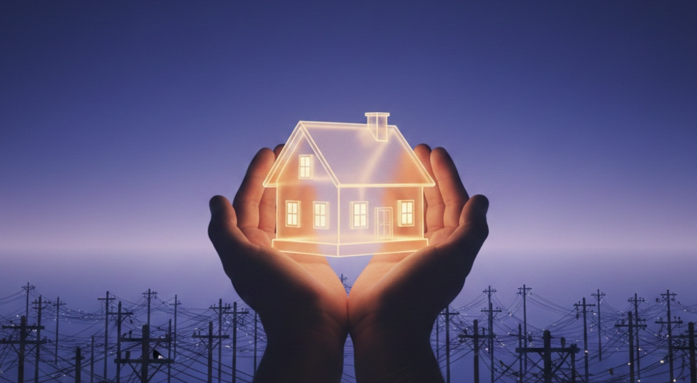 Homeowner holding hand above power lines representing American electrical grid energy independence smart home technology and management systems and storage