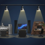 Three lighting fixtures spotlighting kitchens, home theaters and home offices as areas of residential design being transformed by lighting trends in 2026