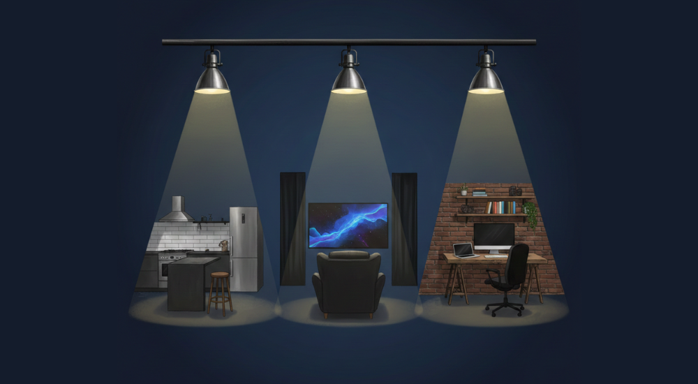 Three lighting fixtures spotlighting kitchens, home theaters and home offices as areas of residential design being transformed by lighting trends in 2026