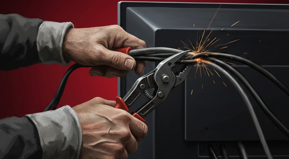 Man cutting chord to emphasize research being discussed for CE Pro's the week in playback custom integration and smart home news segment