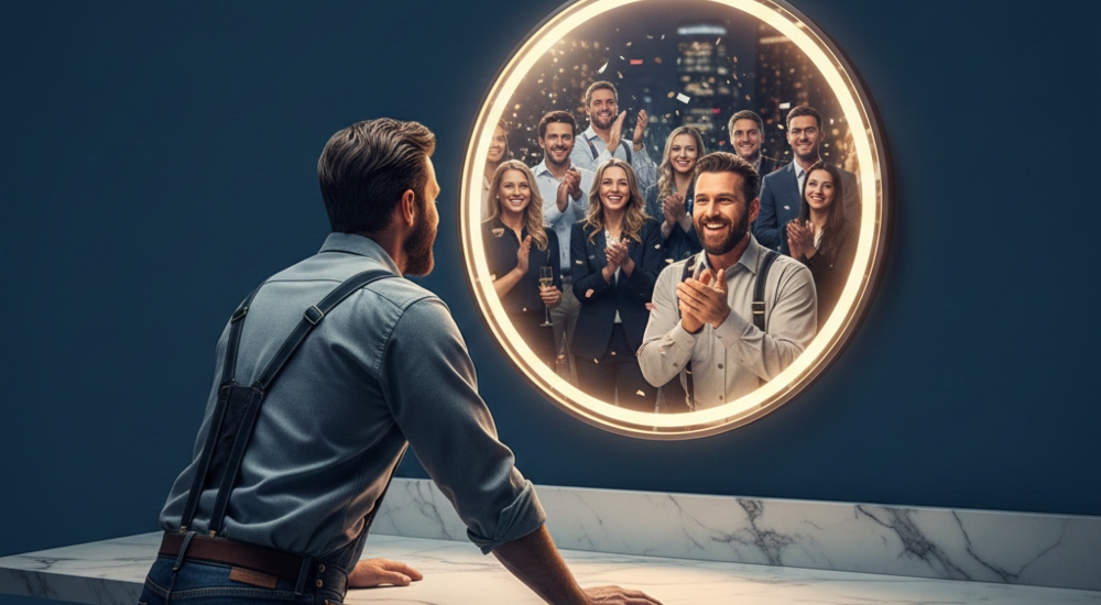 Integrator looking into mirror at design-build professionals celebrating over business success in 2025 as part of CE Pro's Weekly Playback