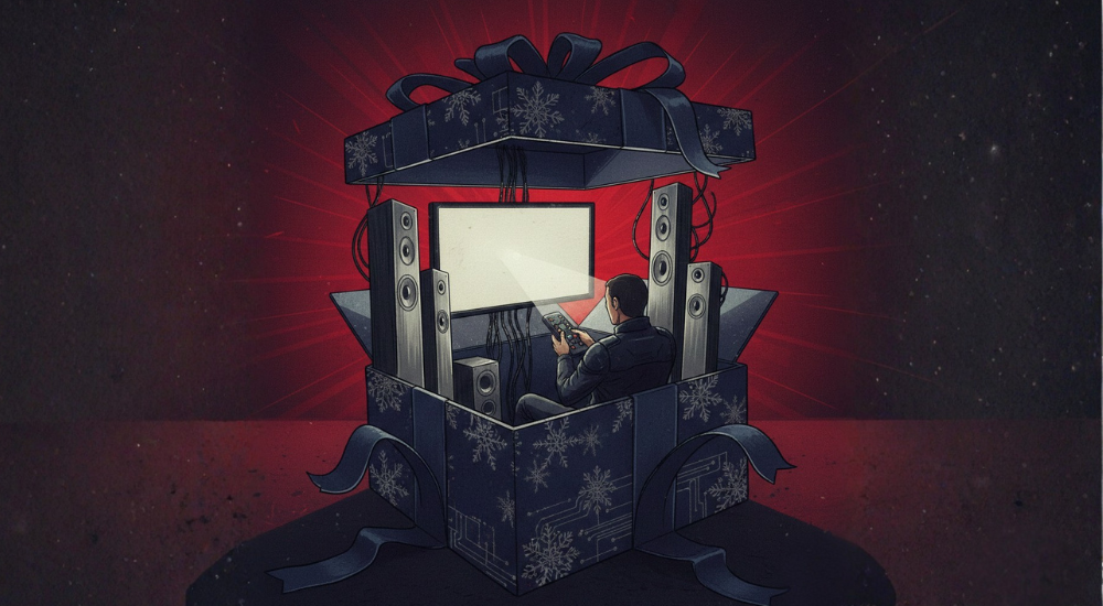 Man coming out of Christmas box exemplifying Josh AI's Unwrapped report featured in CE Pro's week in Playback coverage for AV and smart home industry news.
