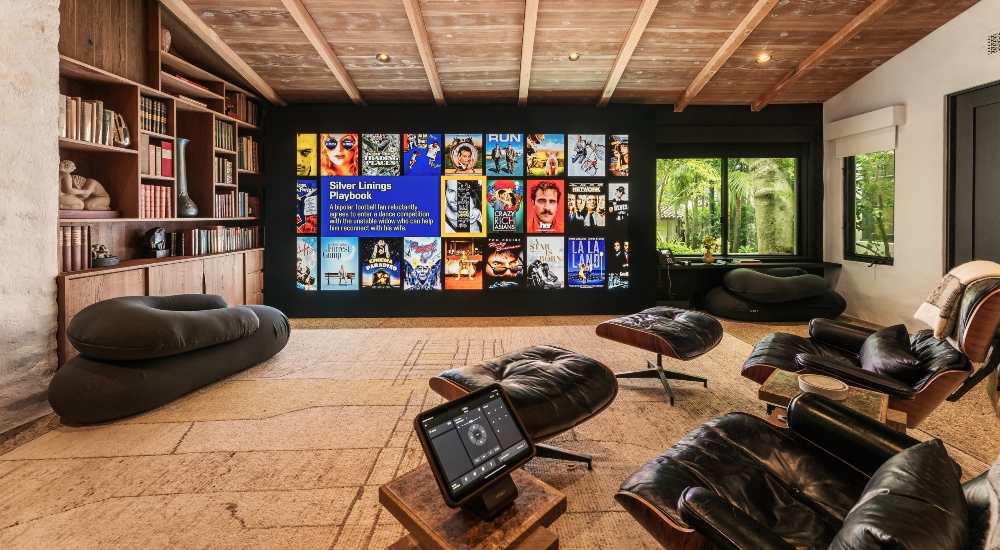 DCI-compliant video wall delivering cinematic-quality brightness and contrast in a wellness-focused residential media room