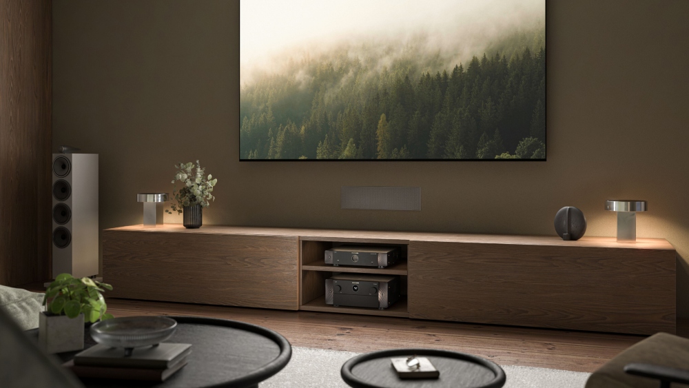 Marantz AV 30 and AMP 30 Reference Home Theater Components in living room setting.