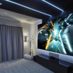 Custom media room in Prosper, Texas, by Theater Advice featuring a 150-inch screen, hidden projector, and wood panel ceiling with integrated lighting.