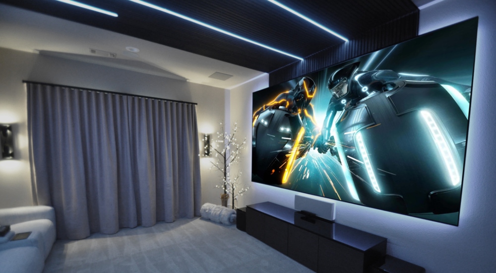 Custom media room in Prosper, Texas, by Theater Advice featuring a 150-inch screen, hidden projector, and wood panel ceiling with integrated lighting.