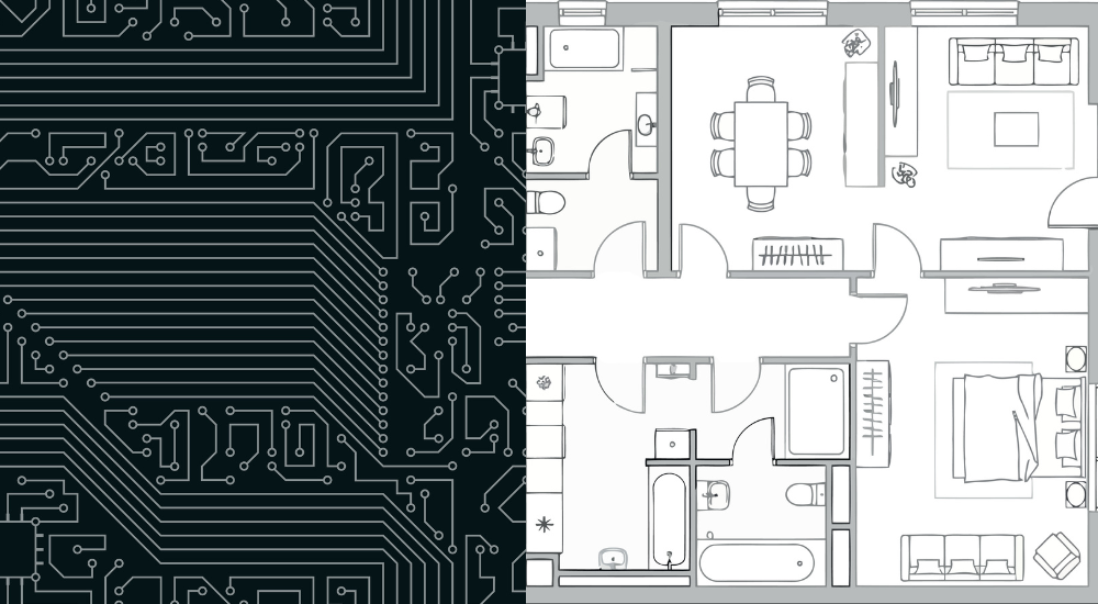 Graphic representing interior architectural and design draft and smart home technology circuit diagrams as part of integrated design.