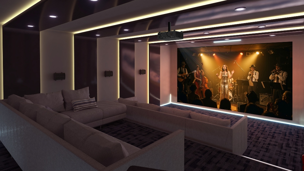 The Optoma HCPRO-5400 DLP triple laser projector in a detailed home cinema environment