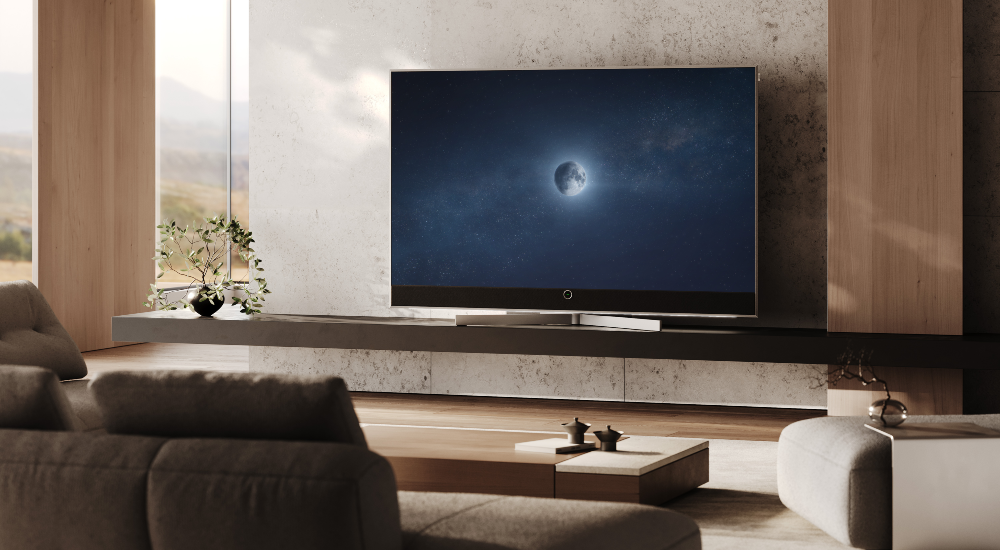 Loewe Technology Stellar OLED TV, sitting in Modern Luxury Living Room, meant to signify recent partnership with D-Tools Custom Integration Software