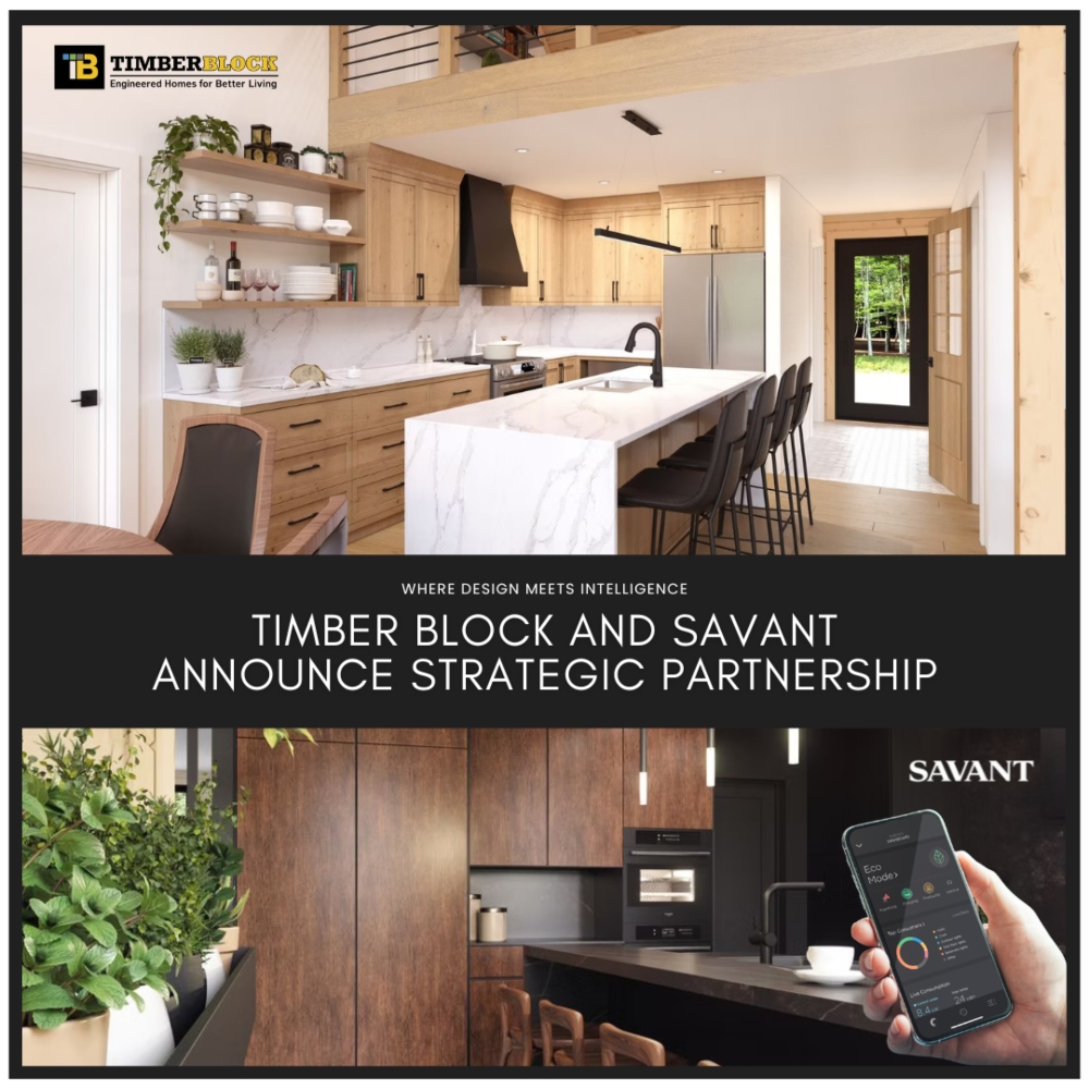 Savant and Timber Block promotional image for homebuilding partnership