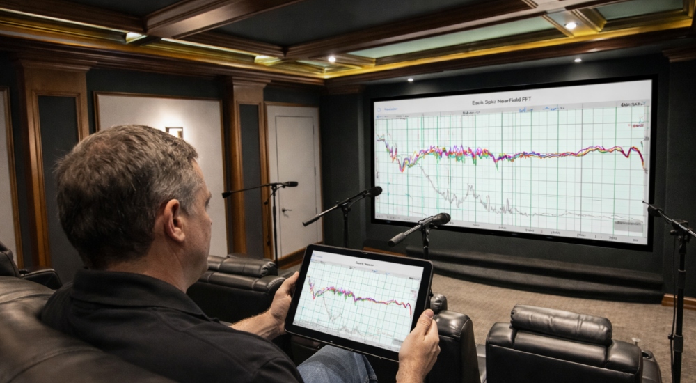 Integrator sitting in home cinema using HAA Link calibration software.