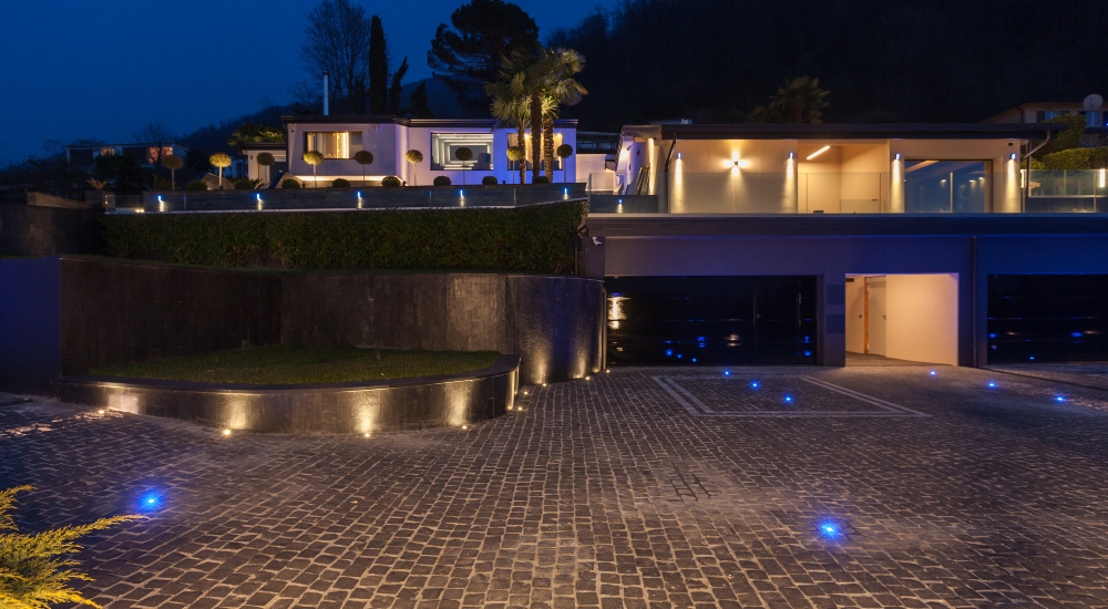 Exterior view of a modern luxury villa, nobody inside