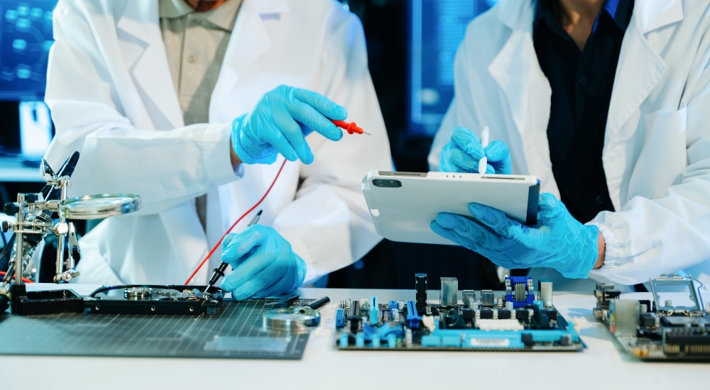 Individuals testing electronic equipment for cybersecurity metrics meant to represent a China-based lab part of the FCC recent ban on all Chinese-based testing