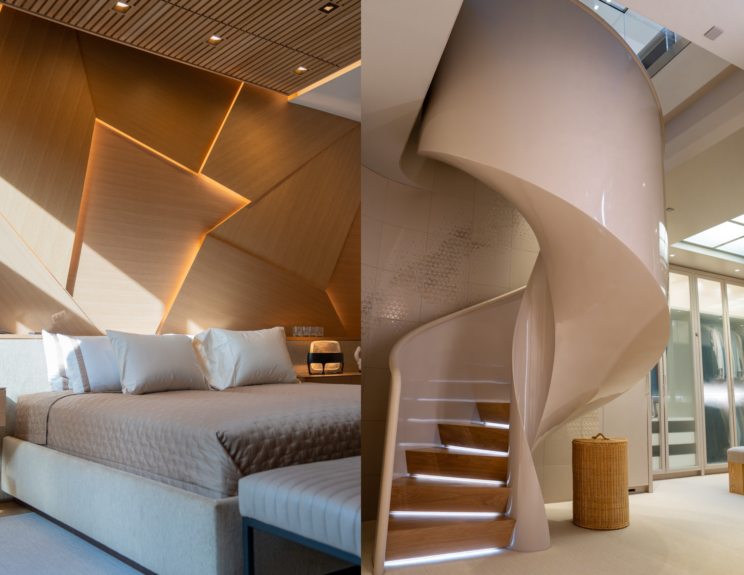 Split view of a primary bedroom and spiral staircase in a luxury Palo Alto smart home, with layered tunable lighting and concealed AV integration designed by AudioVisions to support full-time occupancy and circadian rhythm across all hours of the day