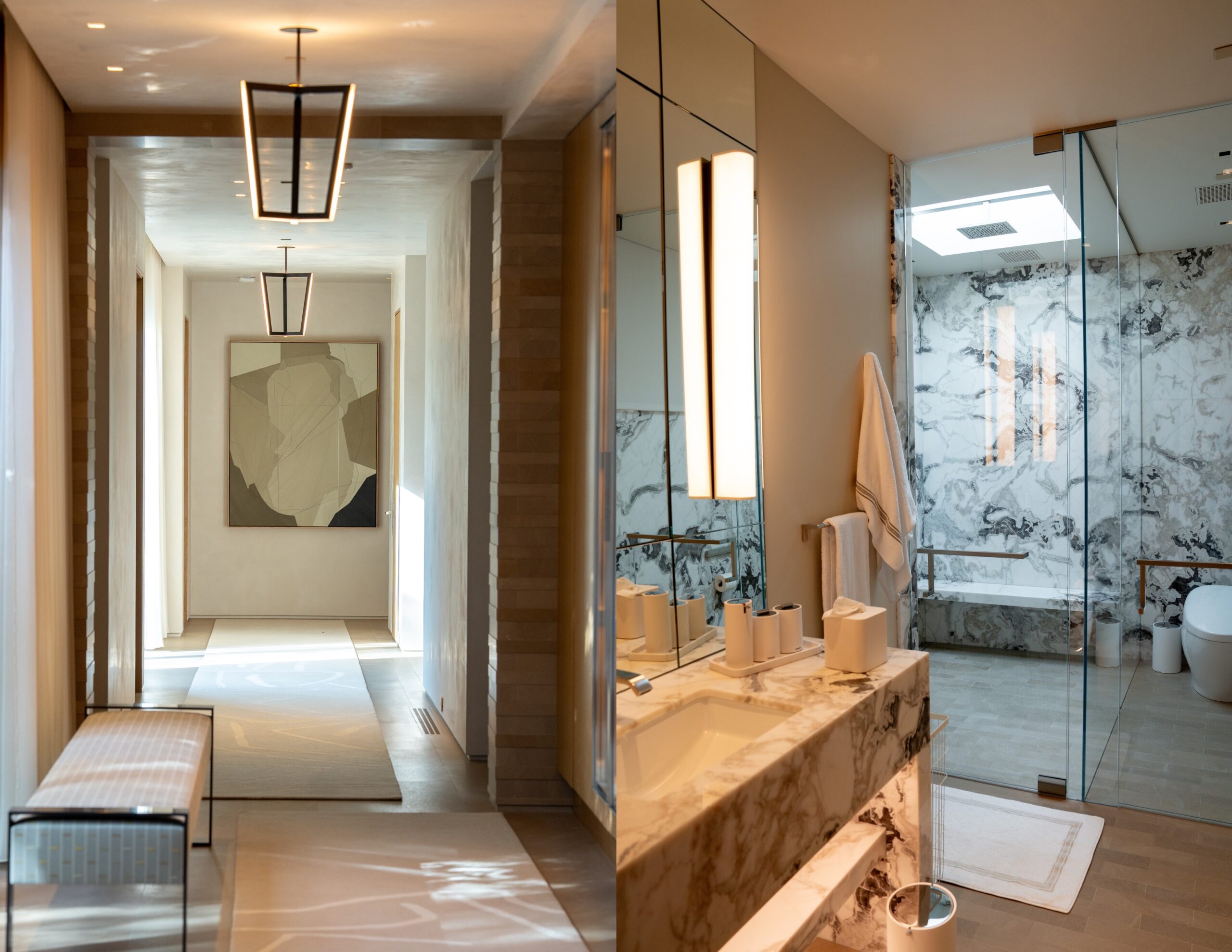 Split view of a softly lit hallway and bathroom in a luxury Palo Alto retirement residence, showcasing tunable ambient lighting and seamless architectural integration as part of AudioVisions' whole-home Lutron HomeWorks and Savant smart home system